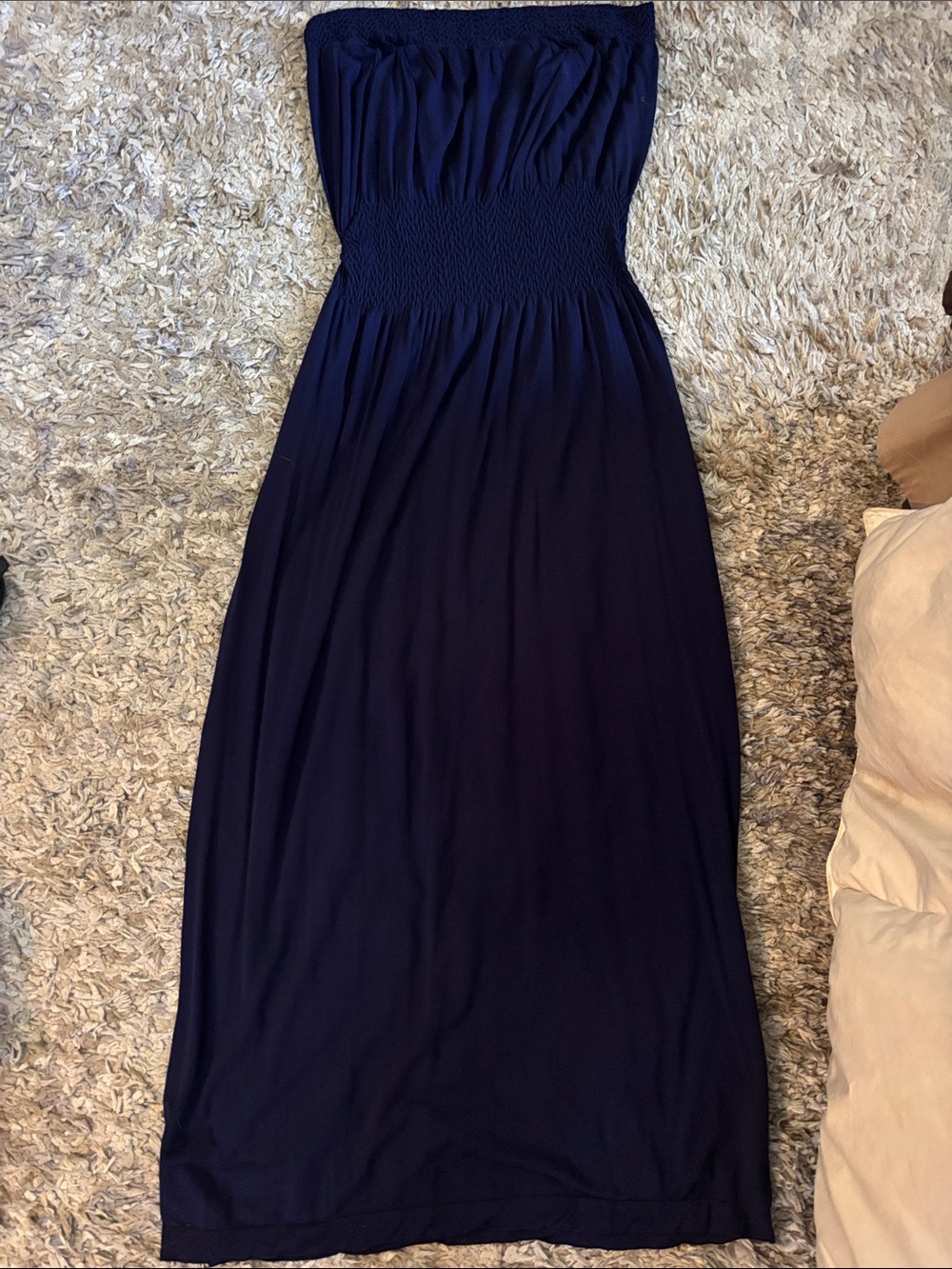 Strapless Navy Smocked Waist Maxi Dress